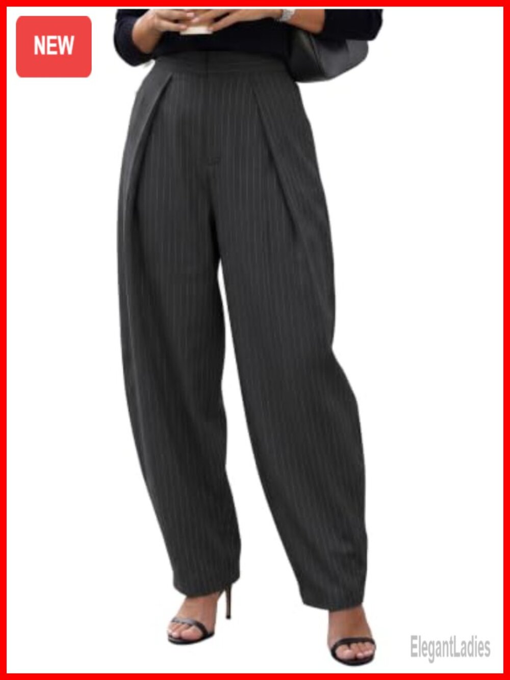 Faux Linen Striped Barrel Pants Wide Leg Pleated Trousers Office Work